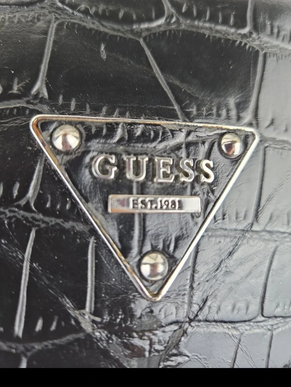 GUESS Black Croc-Embossed Top Handle Satchel with Charm
